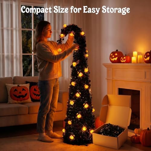 Brizled Prelit Black Halloween Tree, 5 ft Fall Tree with LED Pumpkin Lights