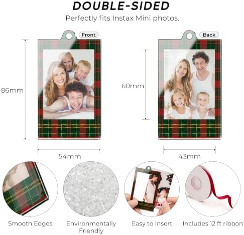 UNIQOOO 8 Set Christmas Acrylic Instax Red Green Plaid Photo Ornaments for Display Picture, 8.6 * 5.4cm Acrylic Hanging Photo Frame, Double-Sided Picture Frames for Home, Party, Tree Decorations