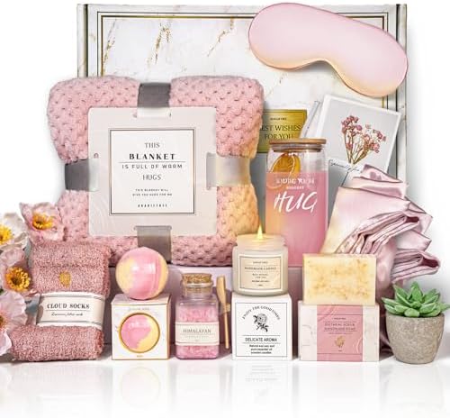 AHAGIFTREE Gift Basket for Women, Birthday Gifts, Get Well Soon Gift Baskets,12PC Get Well Gifts for Women After Surgery,Care Package,Grief,Sympathy (pink)