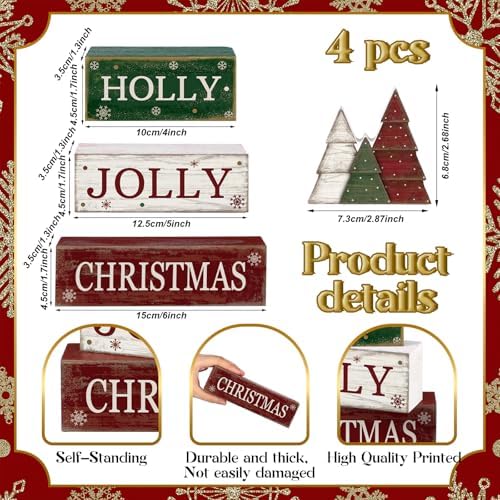 Moucuny 4 Pcs Christmas Table Decor, Jolly Christmas Tree Wooden Signs