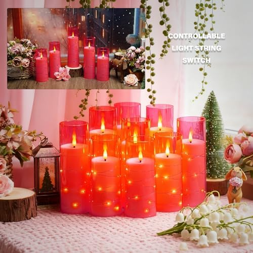 kakoya Flameless LED Candles with Timer 9 Pc Flickering Flameless Candles for Romantic Ambiance and Home Decoration Stable Acrylic Shell,with Embedded Star String，Battery Operated Candles(Pink)