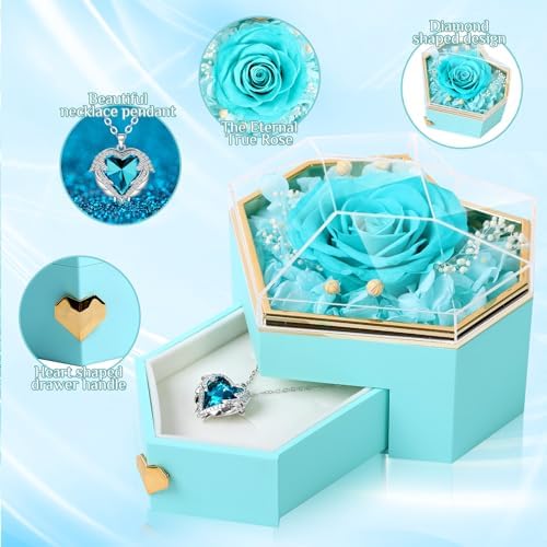 Preserved Cyan Real Rose with Necklace Forever Flowers Diamond shaped Box for Mom Wife Girlfriend Grandma on Mothers Day Birthday Valentines Christmas Anniversary Beatiful Gifts for women