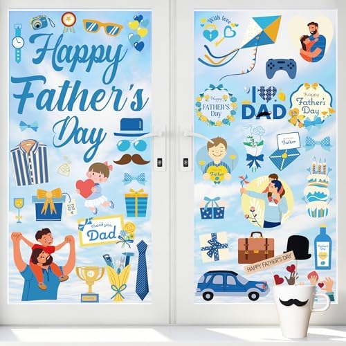 77 PCS Fathers Day Window Clings, 9 Sheets Blue Fathers Day Decorations, Double-Sided Dad Stickers for Glass Windows with Hearts Roses Patterns, Dad Decorations for Home Store Birthday Party