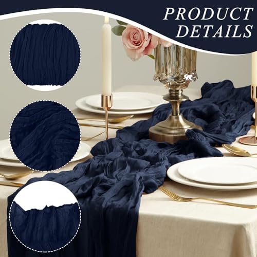 12 Pack Cheesecloth Table Runner 10Ft Christmas Gauze Boho Table Runners for Wedding Decor Bridal Shower Decorations Baby Shower Party(35" x 120")(Navy)
