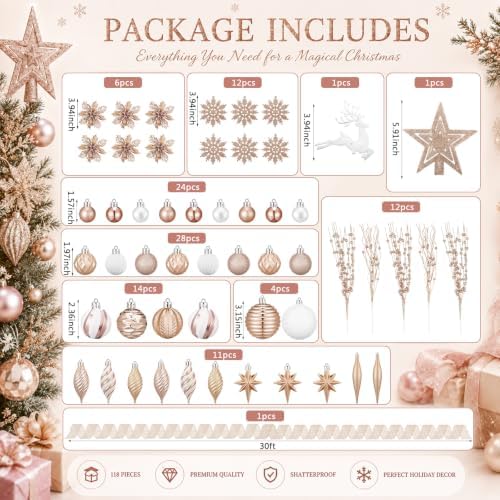 CroBlissful 118 Pcs Christmas Tree Ornaments Set Including Ornaments Balls, Hanging Snowflakes Icicle, Mesh Ribbon, Tree Top Star, Flower, Berries Stems for Xmas Trees Holiday Decor (Champagne)