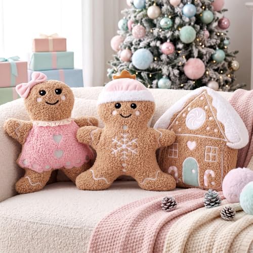 Konohan 3 Pcs Christmas Gingerbread Man House Throw Pillows Pastel Pillow