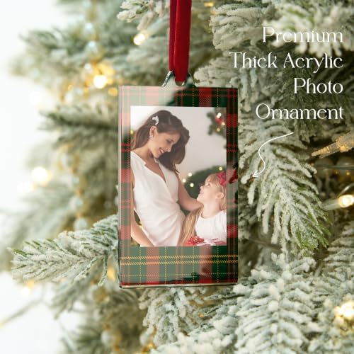 UNIQOOO 8 Set Christmas Acrylic Instax Red Green Plaid Photo Ornaments for Display Picture, 8.6 * 5.4cm Acrylic Hanging Photo Frame, Double-Sided Picture Frames for Home, Party, Tree Decorations