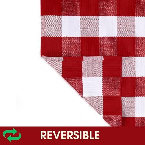 Christmas Red and White Plaid Rug, 4' x 6' Cotton Hand-Woven Layered Door Mat for Front Porch, Entryway, Outdoor Holiday Decor, Washable Buffalo Check Rug for Home, Patio, Kitchen