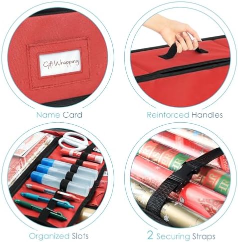 Hearth & Harbor Wrapping Paper Storage Container - Christmas Storage Bag with Ribbon Dispenser and Interior Pockets - Gift Wrap Organizer Fits Up to 26 Rolls of 40" Length, Red