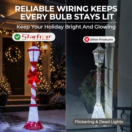60Inch Outdoor Christmas Decorations Outdoor Lighted Lamp Post 3D Lamppost LED Lighted Display with 128 LED Lights&Bow, Holiday Decorations for Yard, Porch, Patio (2-Pack)