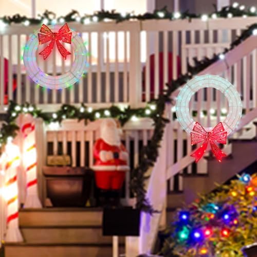 Lighted Wreath Christmas Outdoor Decorations, 24in Small Christmas Outdoor Lights Wreaths 110 Multi-Color Changing Lights, Prelit Wreath with Plug-in for Front Door, Window, Garage-White