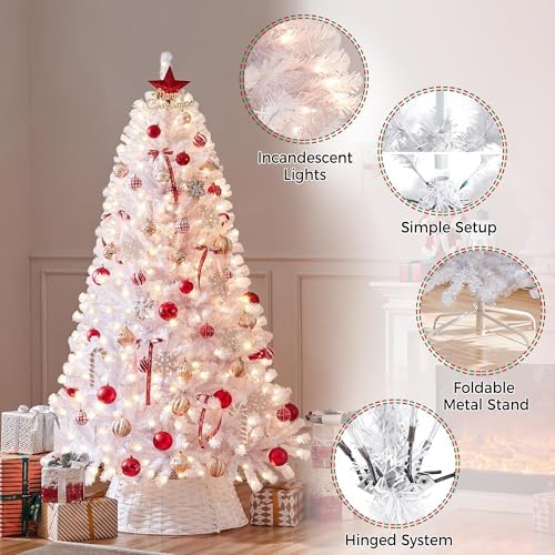 Yaheetech 6ft Pre-lit Christmas Tree with 300 Warm White Lights, White