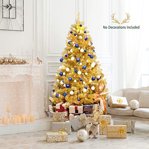 Happygrill 6FT Golden Christmas Tree Artificial Tinsel Xmas Tree with Metal Stand, 1036 Branch Tips Artificial Hinged Christmas Tree for Holiday Decoration