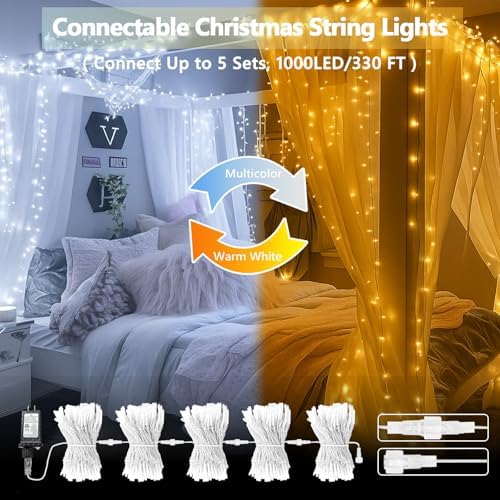 200 LED Connectable String Lights with Remote, Warm White to Cool White