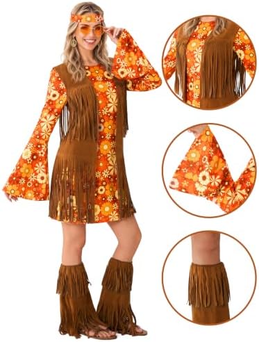 Spooktacular Creations Halloween Orange Hippie Costume Women, Costume for Women, 70s Outfit for Halloween Party