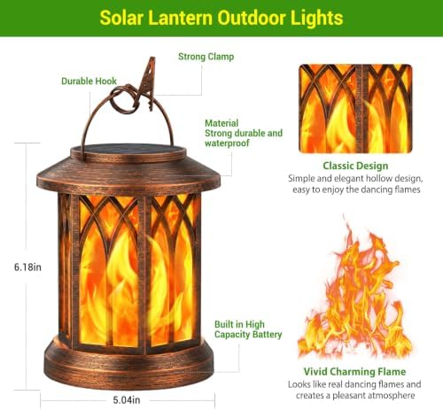 KOOPER Hanging Solar Lights Lantern Outdoor, 2 Pack Flickering Flames Solar Outdoor Lights, Solar Lanterns Outdoor Waterproof with Bigger Panel, Lanterns Decorative Outdoor for Garden Decor (Copper)