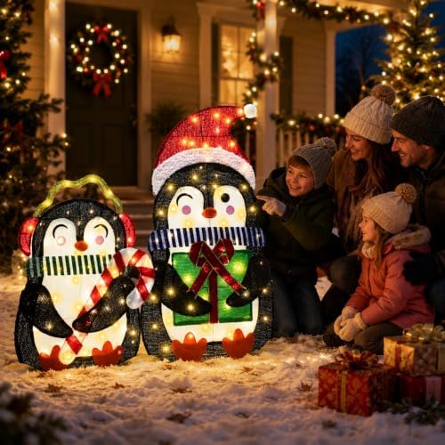 35" Lighted Penguins Christmas Outdoor Yard Decorations