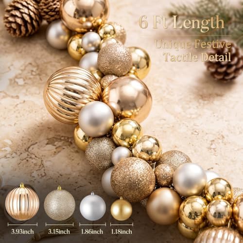 6 ft Christmas Ball Garland, Champagne Gold