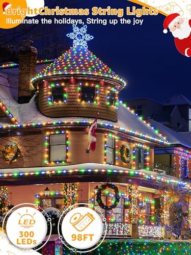 BrightChristmas 300 LED 98 FT Christmas Lights, Waterproof Outdoor String Lights with Remote and Timer, Christmas Tree Lights with 8 Modes Dimmable, Fairy Lights for Holiday Decor (Multicolor)