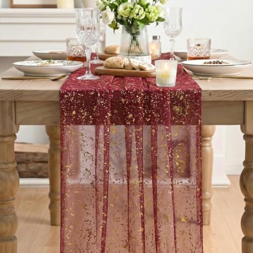 Artoid Mode 3PC Burgundy Gold Gauze Table Runner 120 Inch 10FT, Glitter Metallic Foil Sheer Dining Wedding Anniversary Holiday Birthday Table Decor for Home Party
