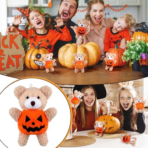 Hiboom 32 Pcs Mini Halloween Stuffed Animal, Bear in Pumpkin Style, 4.7"