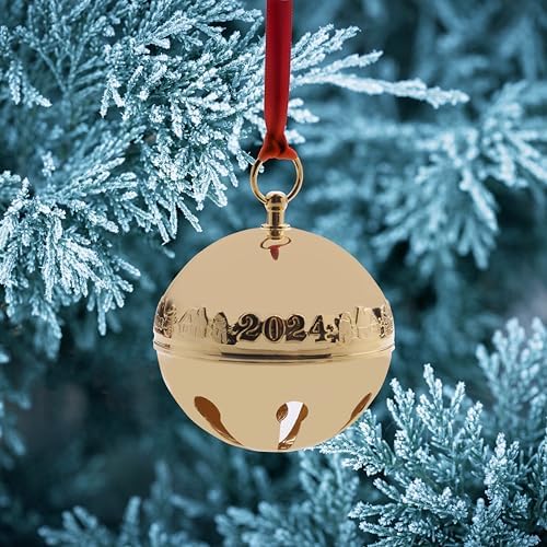 Wallace 2024 Gold-Plated Sleigh Bell Ornament 35th Anniversary Edition - Snowmen and Log Cabins Collectible - Handcrafted Holiday Bell with Gift Box and Velvet Pouch