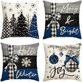 AVOIN colorlife Merry Christmas Joy Xmas Trees Blue and Black Throw Pillow Covers, 18 x 18 Inch Christmas Winter Holiday Cushion Case Decoration for Sofa Couch Set of 4