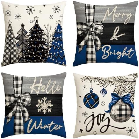 AVOIN colorlife Merry Christmas Joy Xmas Trees Blue and Black Throw Pillow Covers, 20 x 20 Inch Christmas Winter Holiday Cushion Case Decoration for Sofa Couch Set of 4