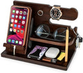 TESLYAR Wood Phone Docking Station for Men - Desk or Nightstand Organizer - Birthday Gifts for Husband, Dad - Anniversary Idea from Wife - Key Holder, Stand Wallet, Watch, Essentials (Chocolate Brown)