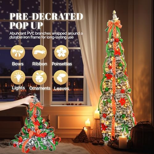 VINGLI 6ft Pre-Lit Pop Up Christmas Tree with 150 Lights, Fully Decorated Flocked Pencil Collapsible Tree for Holiday Party Decorations (Red & Green)