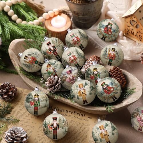 Outus 16 Pcs Christmas Tree Ball Ornaments Vintage Nutcracker Christmas Decorations for Tree Colorful Xmas Decorative Hanging Ornaments for Farmhouse Home Fireplace Decoration Holiday Party Favors