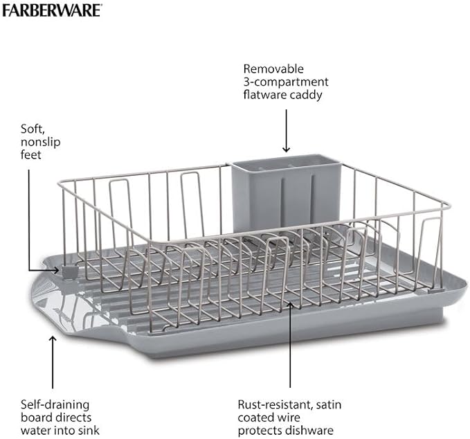 Farberware Classic 3-Piece Dish Drying Rack Set, Gray - Rust-Resistant Dish Rack for Kitchen Counter with Self-Draining Board and Flatware Caddy