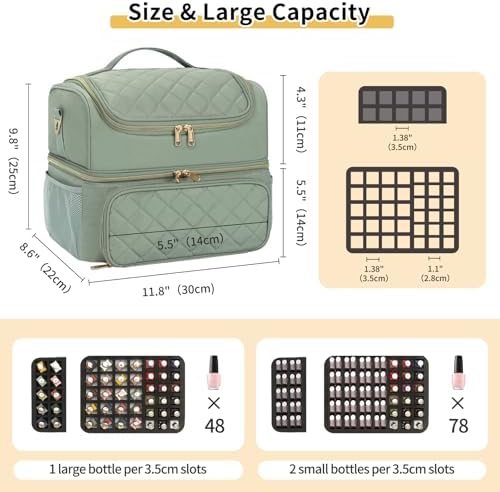 CUBETASTIC Nail Polish Organizer & Storage Bag for 48 Bottles & Full-Size Lamp, Double-Layer Travel Case Box for Nail Supplies, Manicure Kit & Pedicure Tools (Green, 48 Slots)
