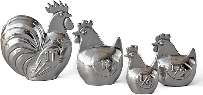 Roosters & Hens 4-Piece Pewter Measuring Spoon Set by Roosfoos, Handmade in the USA