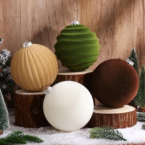 Syhood 4 Pcs 6 Inch Velvet Christmas Balls Large Ornaments, Neutral Color