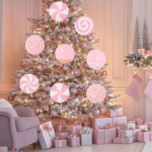 Roowest 12 Pcs 13.78'' Pastel Large Candy Christmas Decorations Giant Lollipop Candy Decoration with Sticks Macaron Peppermint Xmas Decor for Christmas Tree Ornament Holiday Party (Pink,6 Styles)