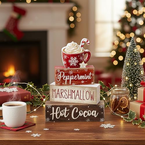 Moucuny 4 Pcs Christmas Table Decorations, Peppermint Hot Cocoa Bar Sign