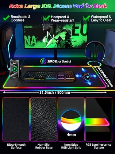 Mouse Pad with Wireless Charger Foldable Phone Holder, XXL RGB Gaming Mousepad 31.5"x15.8" Large Desk Mat for Keyboard, Black Desk Pad with Dual Qi Charging Station, 11 Colors 5 Modes