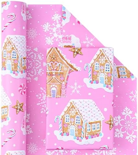 WRAPAHOLIC Reversible Gingerbread Christmas Wrapping Paper - Mini Roll - 17 Inch x 33 Feet - Pink Gingerbread House and Snowflake with Embossed for Christmas, Holiday, Party Celebration