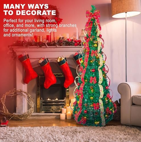 7.5 Ft Pre-Lit Pop-Up Christmas Tree with Ornaments, Pinecones & Warm Lights – Fully Decorated (2.8ft Diameter)