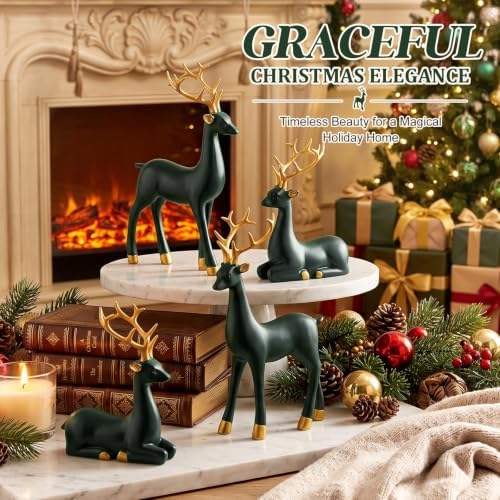 Thyle 4 Pcs Christmas Reindeer Decor Indoor Dark Green Resin Deer Figurine