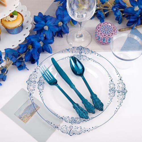 Hioasis 350pcs Clear Blue Plastic Plates 10.25"