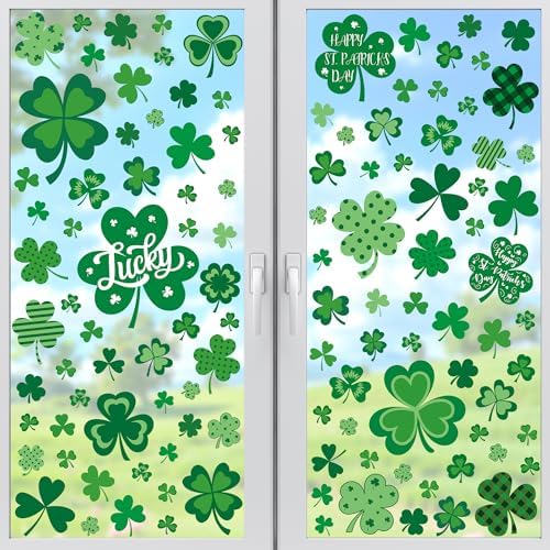 120 PCS St Patricks Day Decorations, 4 Sheets St Patricks Day Window Clings with Polka Dots Stripes Plaid Patterns, Double-Sided Green Party Decorations, Shamrock Window Clings for Home Decor