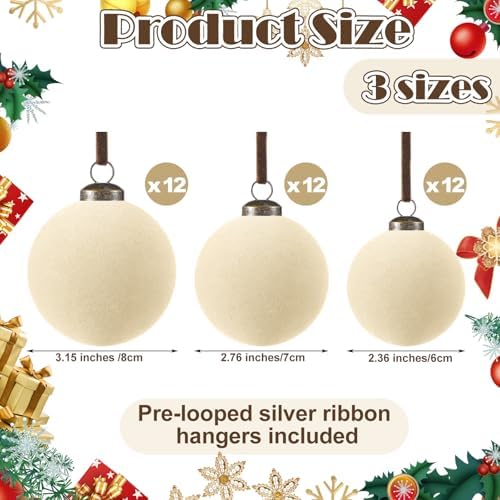 Foilswirl 36 Pcs Cream White Velvet Christmas Balls, 2.36", 2.76", 3.15"