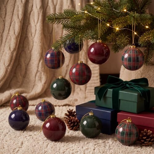 12 Pcs Plaid Christmas Ball Ornaments 2.36 Inch Green Blue Burgundy Balls