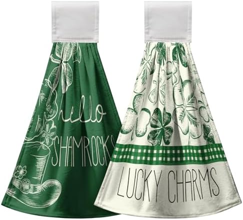 St Patrick's Day Shamrocks Hanging Hand Towels Set of 2 Lucky Charm Green Clover Kitchen Towel with Hanging Loop Seasonal Spring Fingertip Bath Towels Soft Absorbent Dish Tie Towel