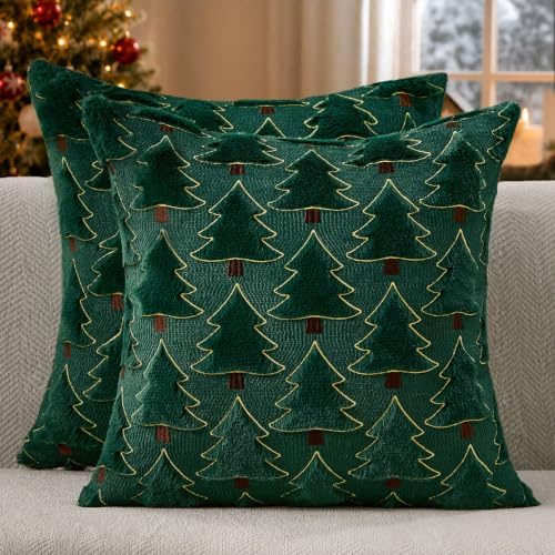 Allorry Christmas Pillow Covers 16x16 inch Set of 2 Christmas Decorations Soft Plush Faux Fur Wool Green Christmas Tree Throw Pillow Cases Winter Holiday Decor for Sofa Living Room PT-012A16