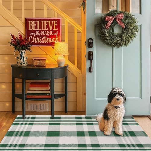 Christmas Green & White Check Rug - 4' x 6' Outdoor Front Door Decor Mat Cotton Washable Hand-Woven Rug Christmas New Year Holiday Porch Entryway Layered Doormat