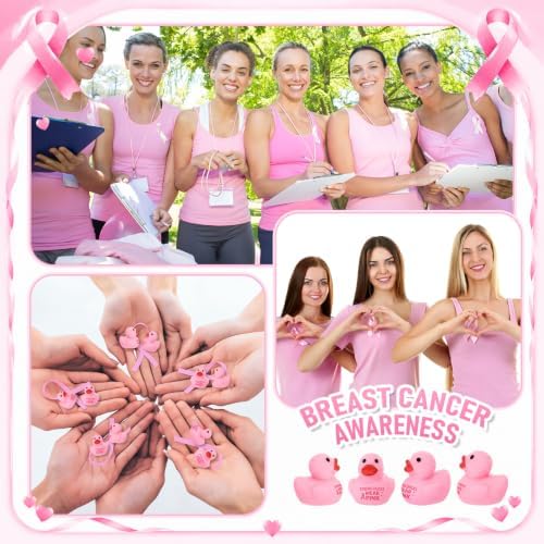 Thenshop 50 Pcs Pink Ribbon Rubber Duck Relief Favors, Awareness Gifts