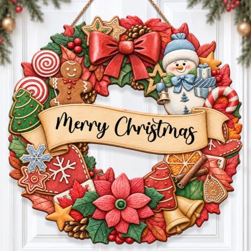 Christmas Decorations Gingerbread Snowman Merry Christmas Wreath Wood Sign